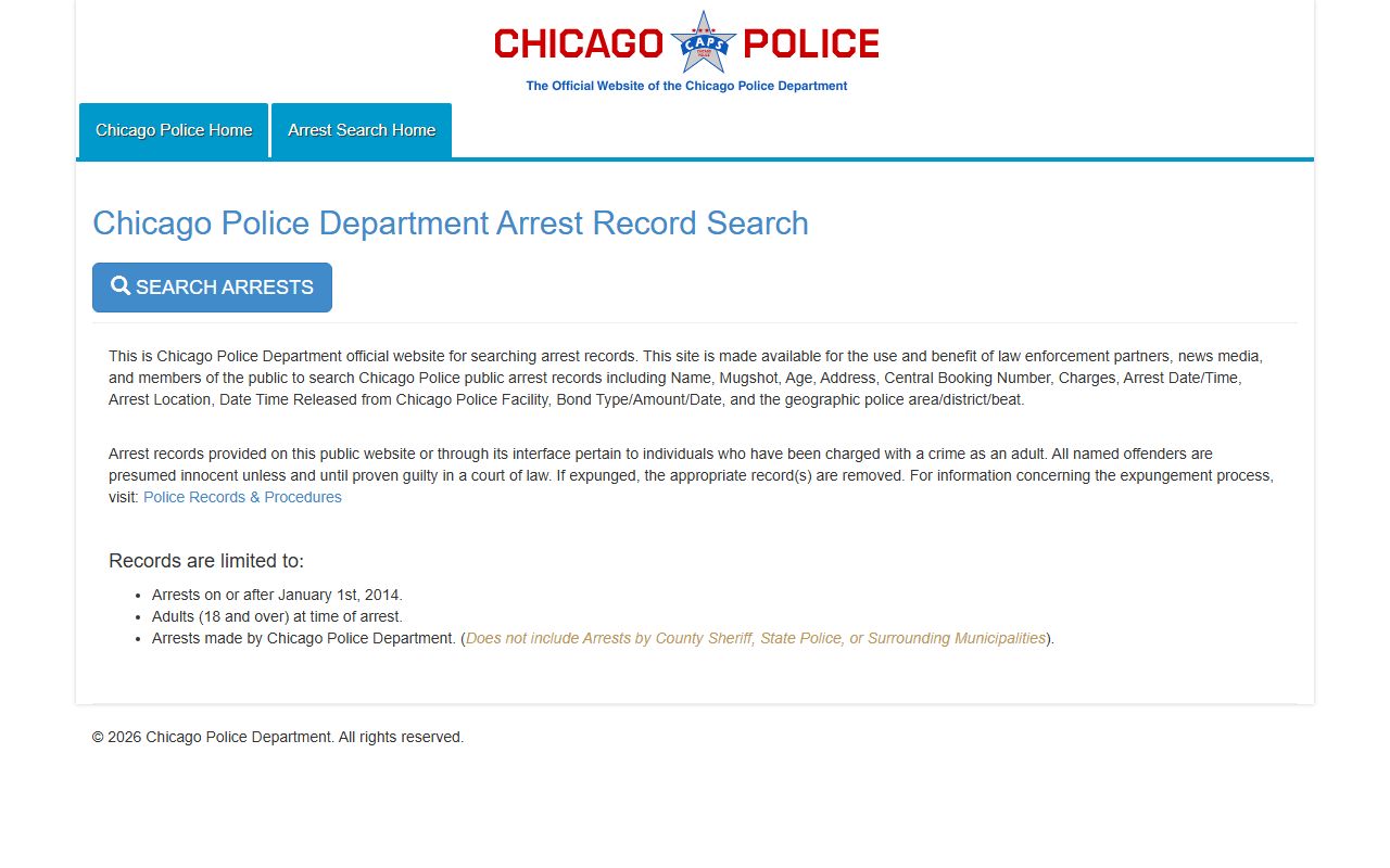 Chicago Police Department public arrest search portal showing busted mugshots and booking records
