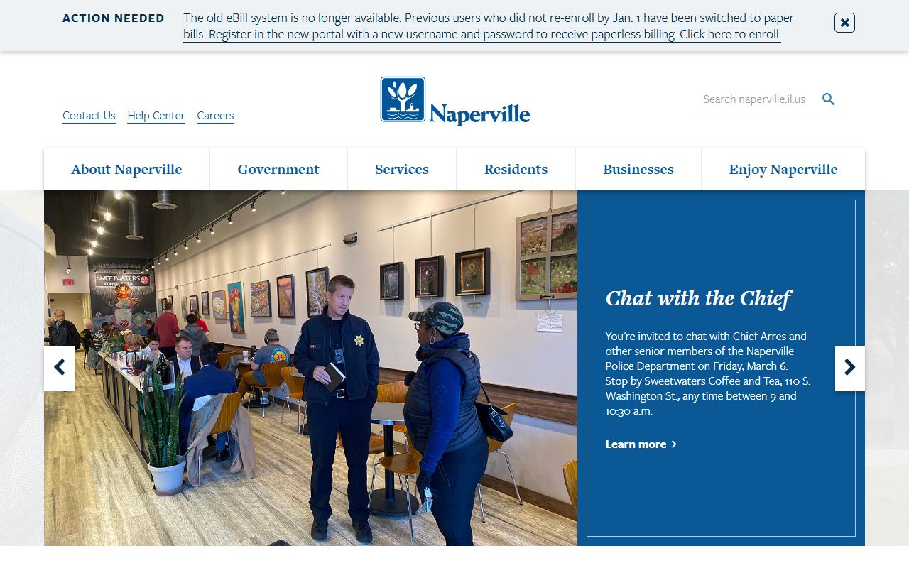 Naperville Police Department website showing services and contact information