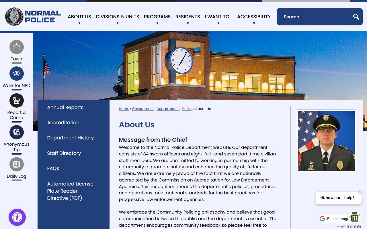 Normal Police Department website showing contact details for busted mugshots and arrest record requests