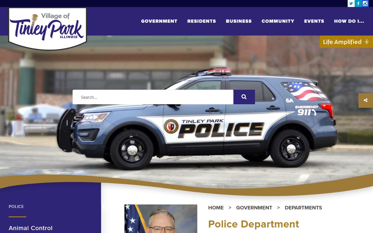 Tinley Park Police Department website showing department information and services for busted mugshots requests