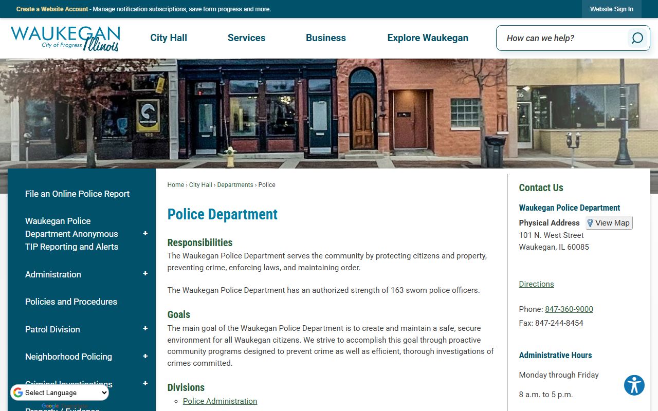 Waukegan Police Department website with department information