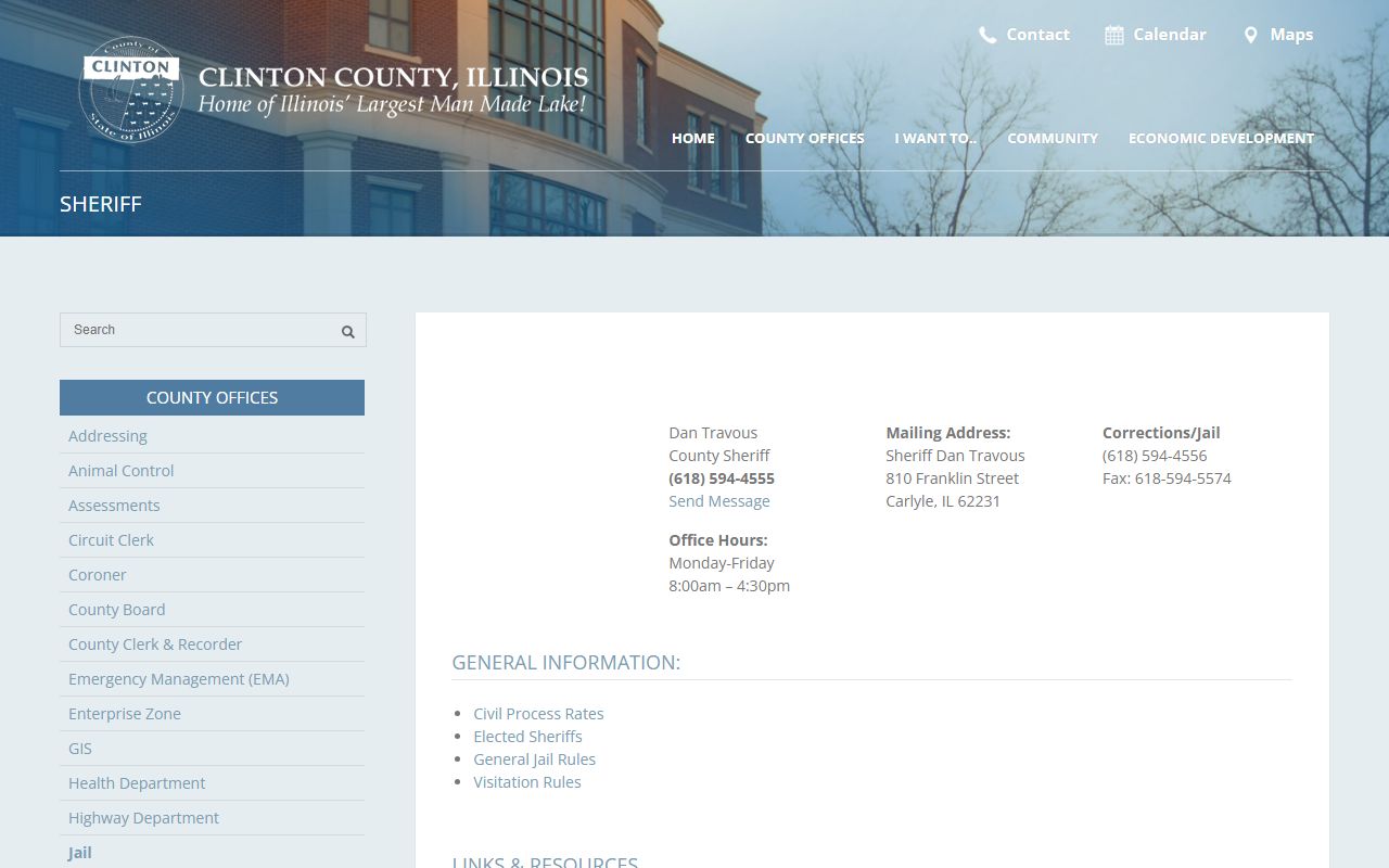 Clinton County Sheriff website showing office contact information and services in Carlyle Illinois