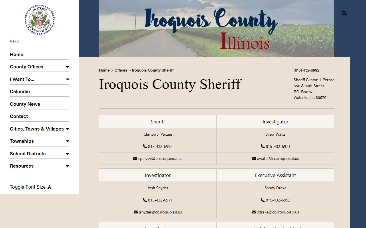 Iroquois County Sheriff website showing office information and contact details in Watseka Illinois