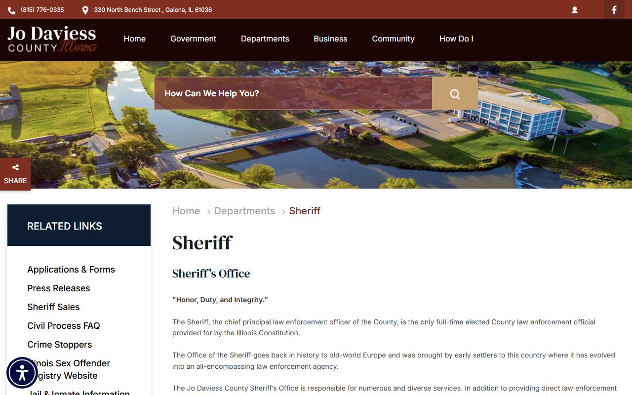 Jo Daviess County Sheriff website showing office information and contact details in Galena Illinois