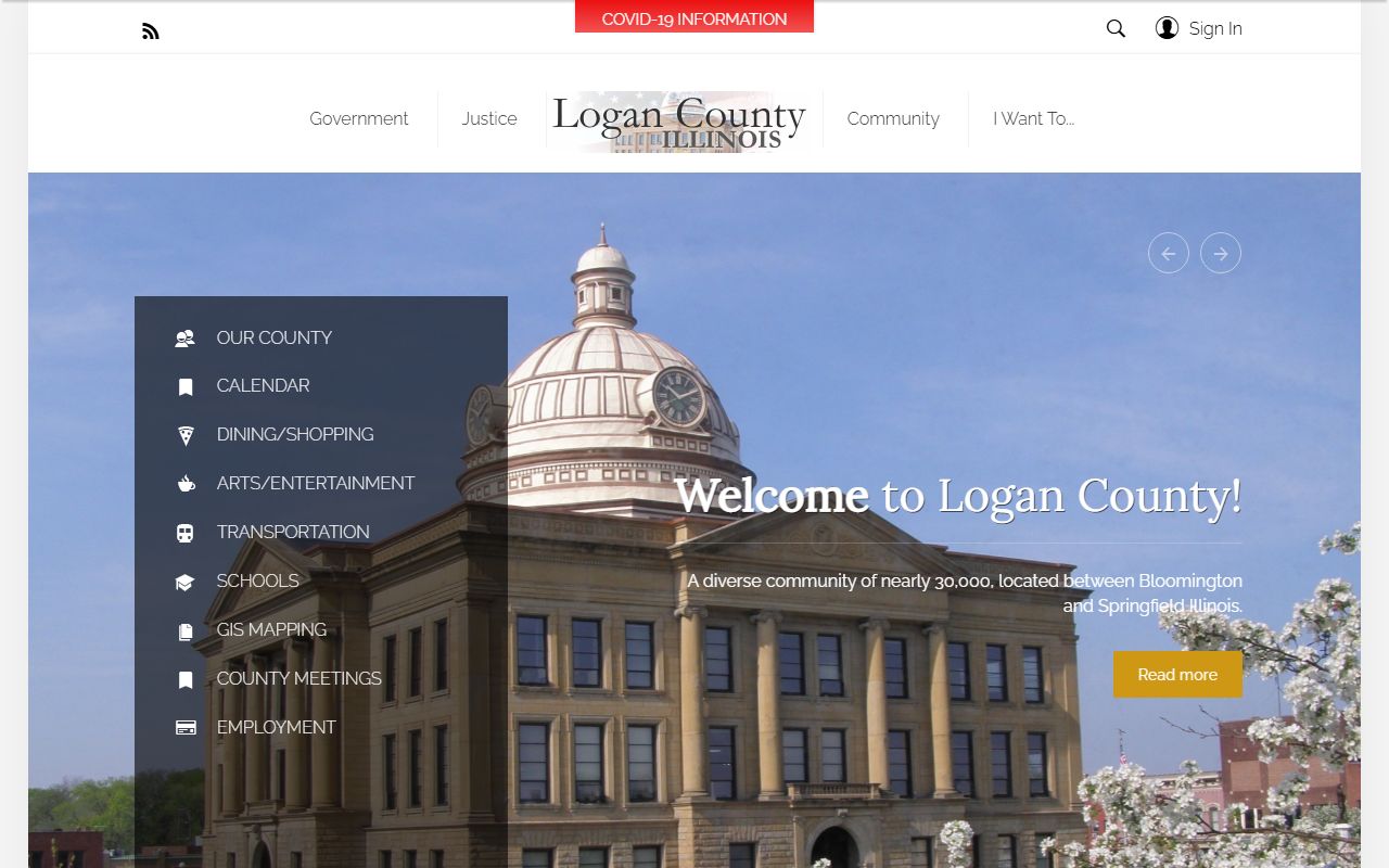 Logan County Sheriff website homepage showing department information and jail services in Lincoln Illinois