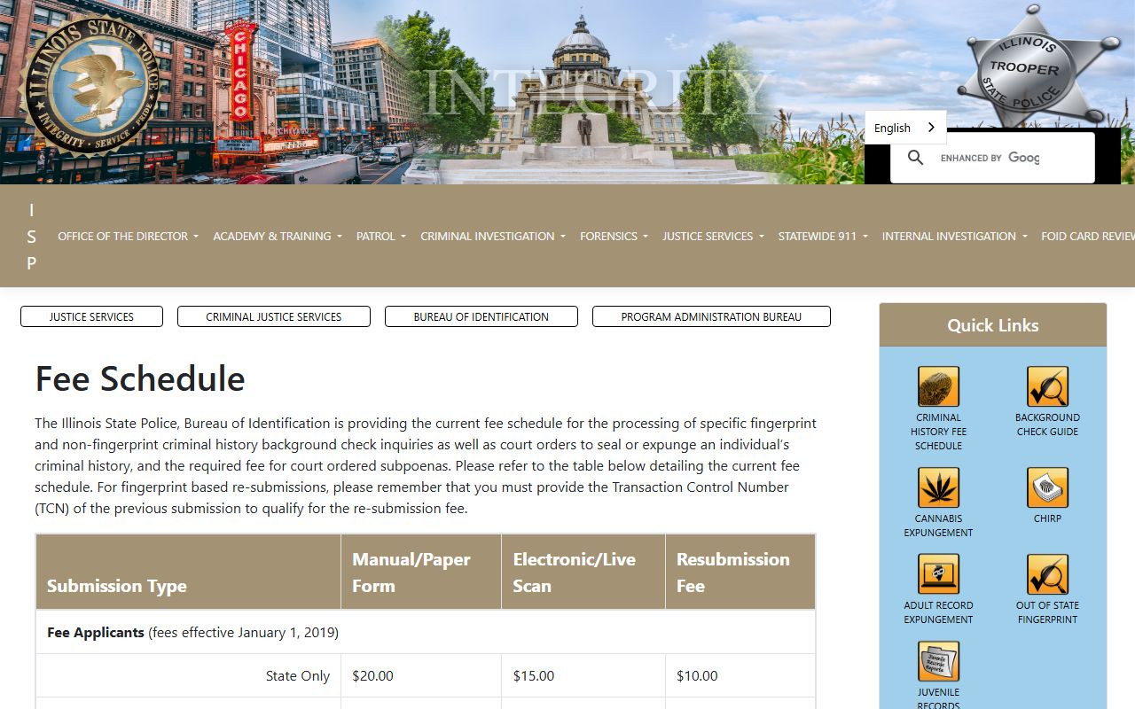 Illinois busted mugshots ISP fee schedule page